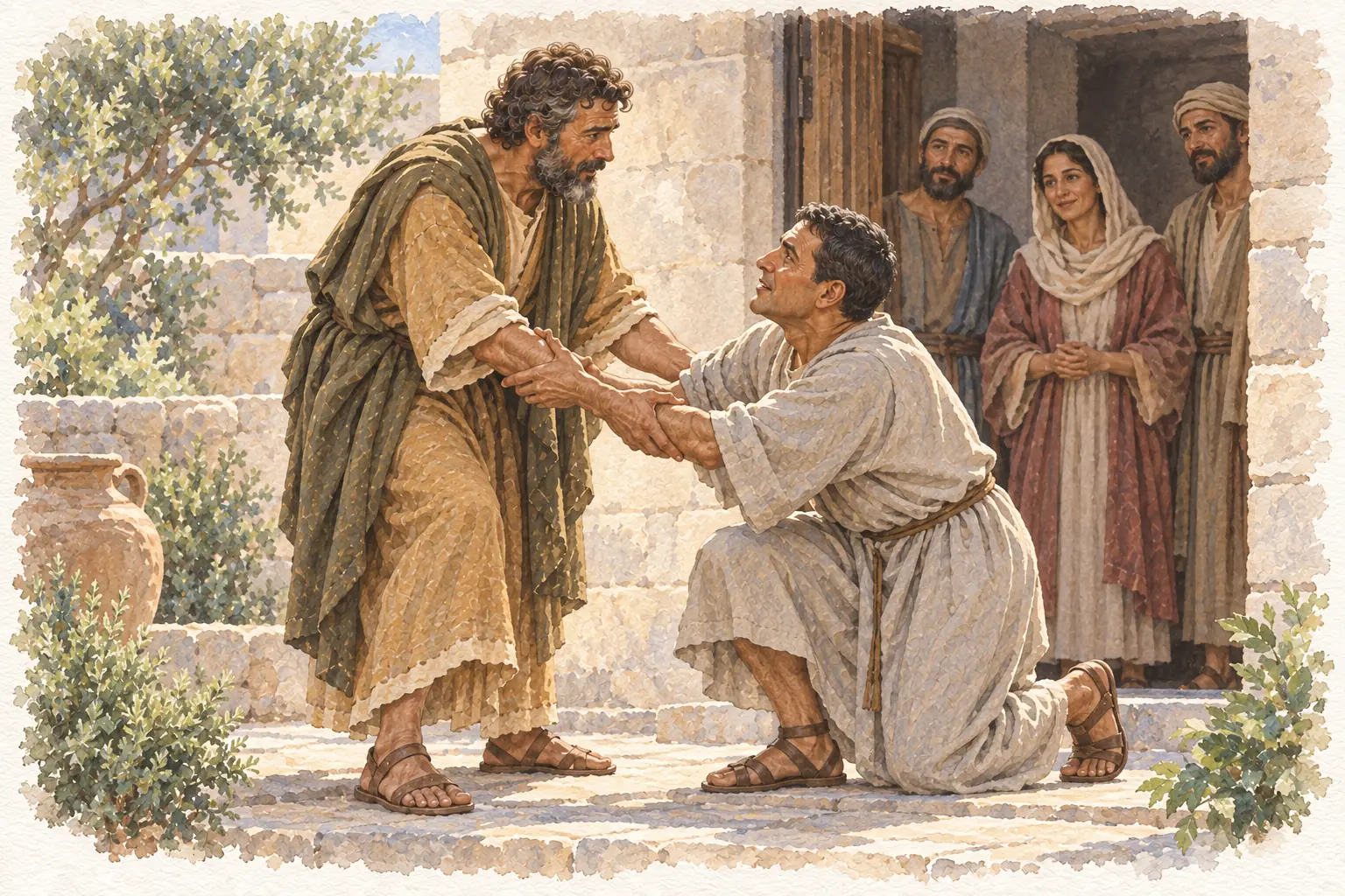 베드로가 고넬료의 팔을 잡아 일으키고, 문 안의 사람들이 바라본다.