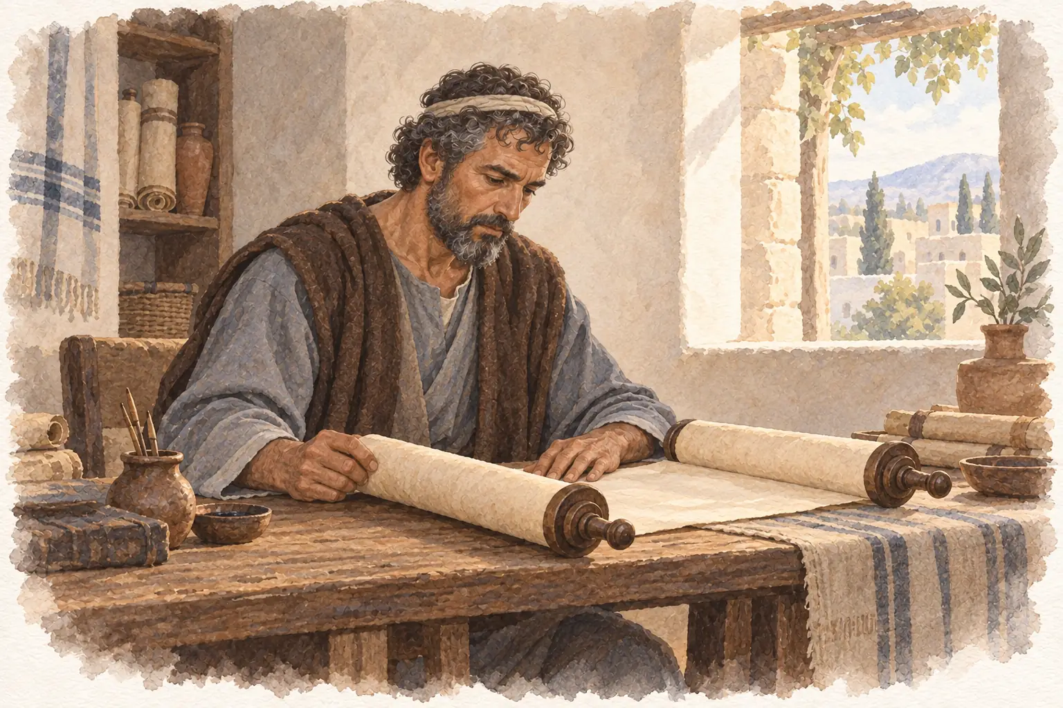 회청색 옷과 갈색 겉옷의 에스라가 책상 위 두루마리를 살펴본다.