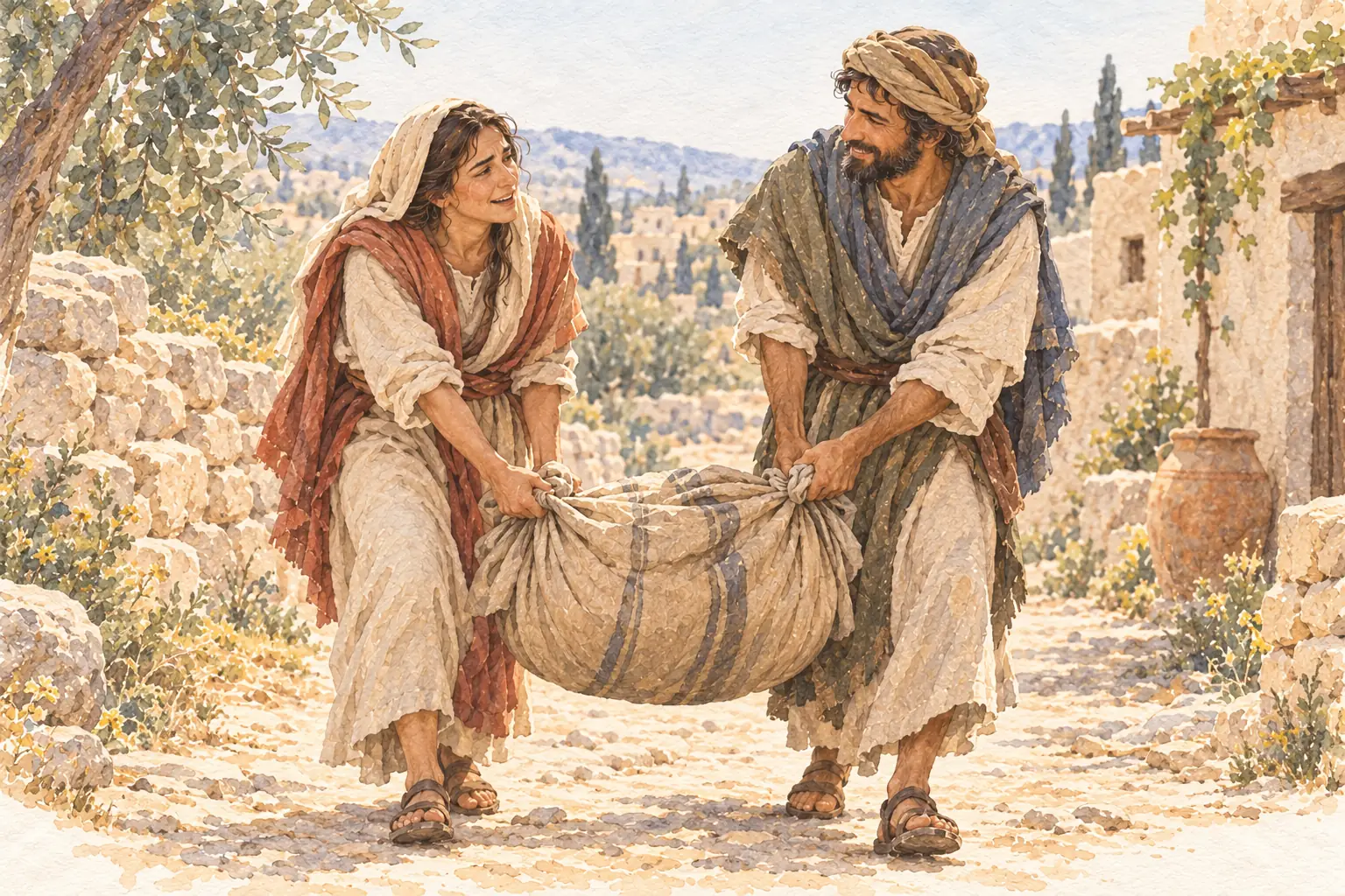 무거운 짐을 든 사람에게 다른 사람이 다가와 함께 짐을 받쳐 주는 비유 그림.