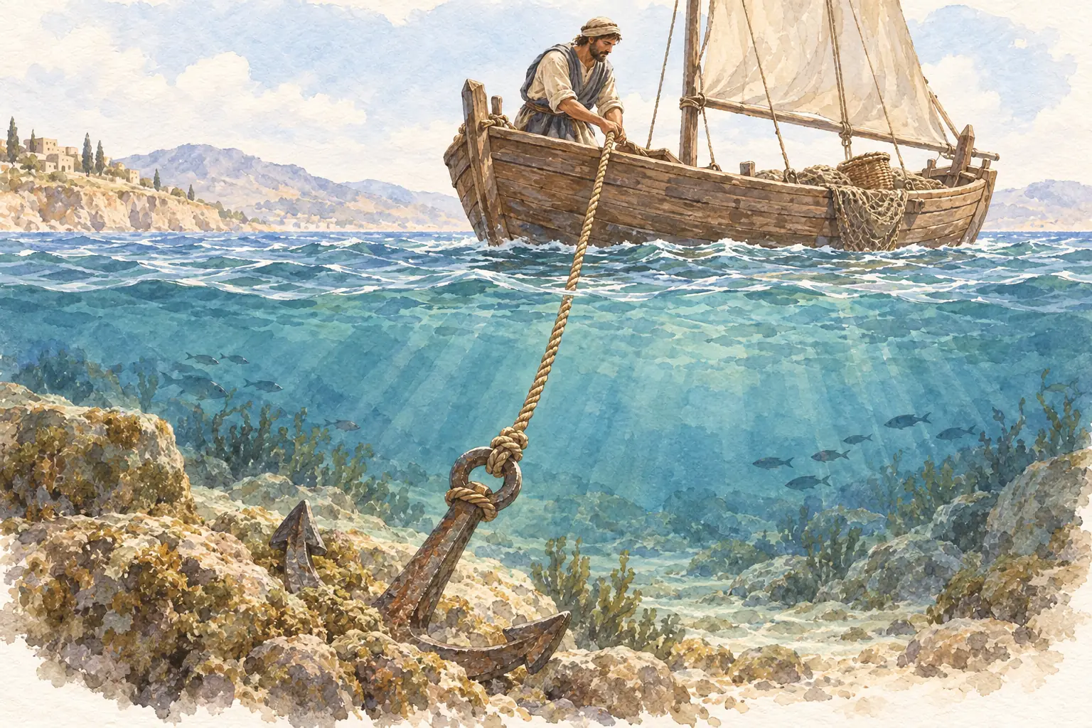 물밑 바닥에 단단히 걸린 닻이 위쪽의 배와 밧줄로 이어져 있는 비유 그림.