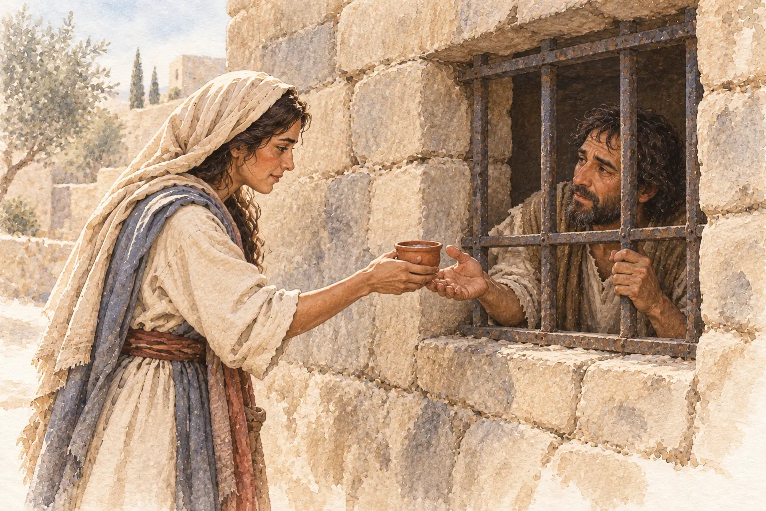 감옥 창문 너머에 있는 사람에게 다른 사람이 물을 건네며 관심을 보이는 가르침 그림.