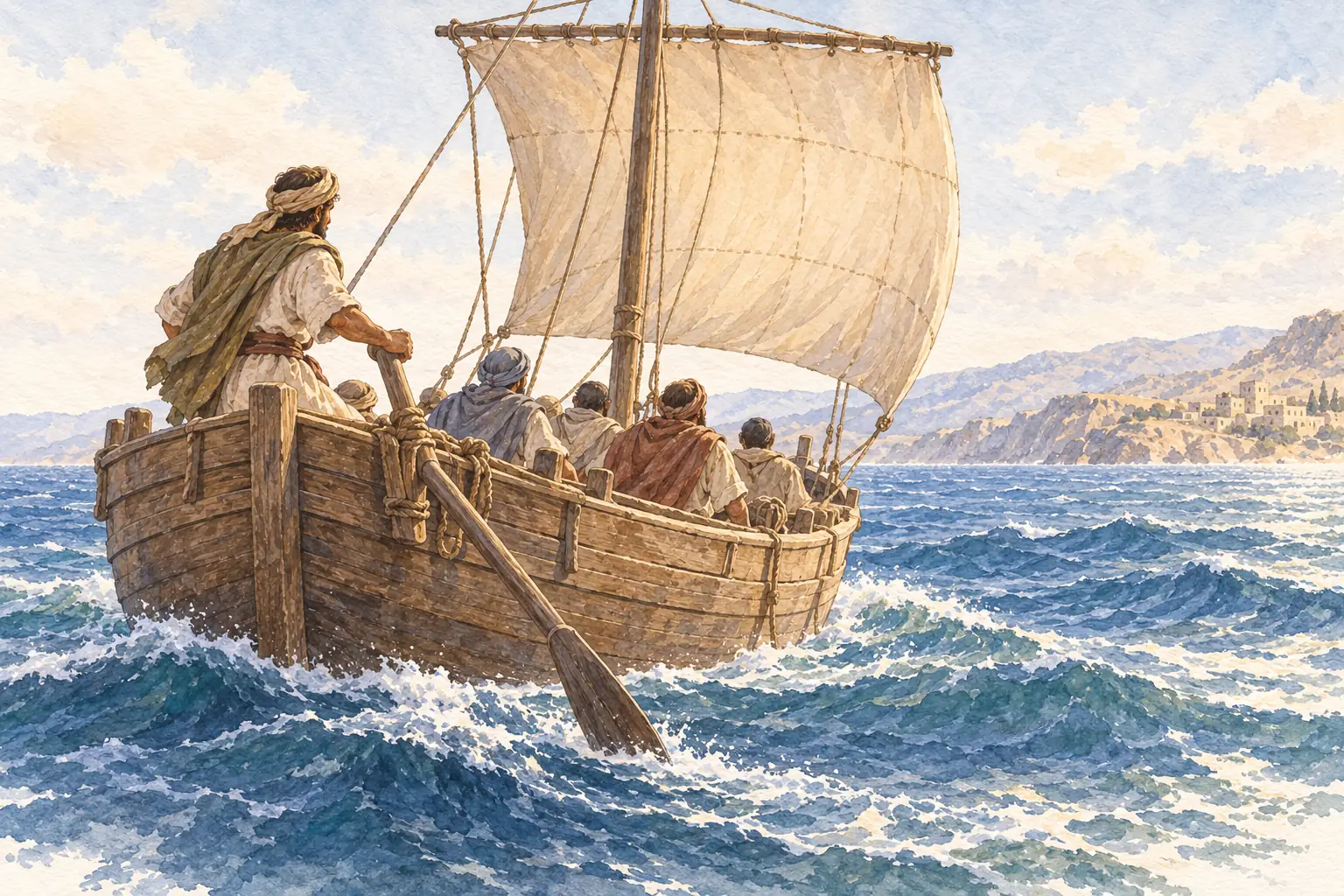 큰 돛배 뒤에서 사람이 작은 조타 노를 움직이는 비유 그림.