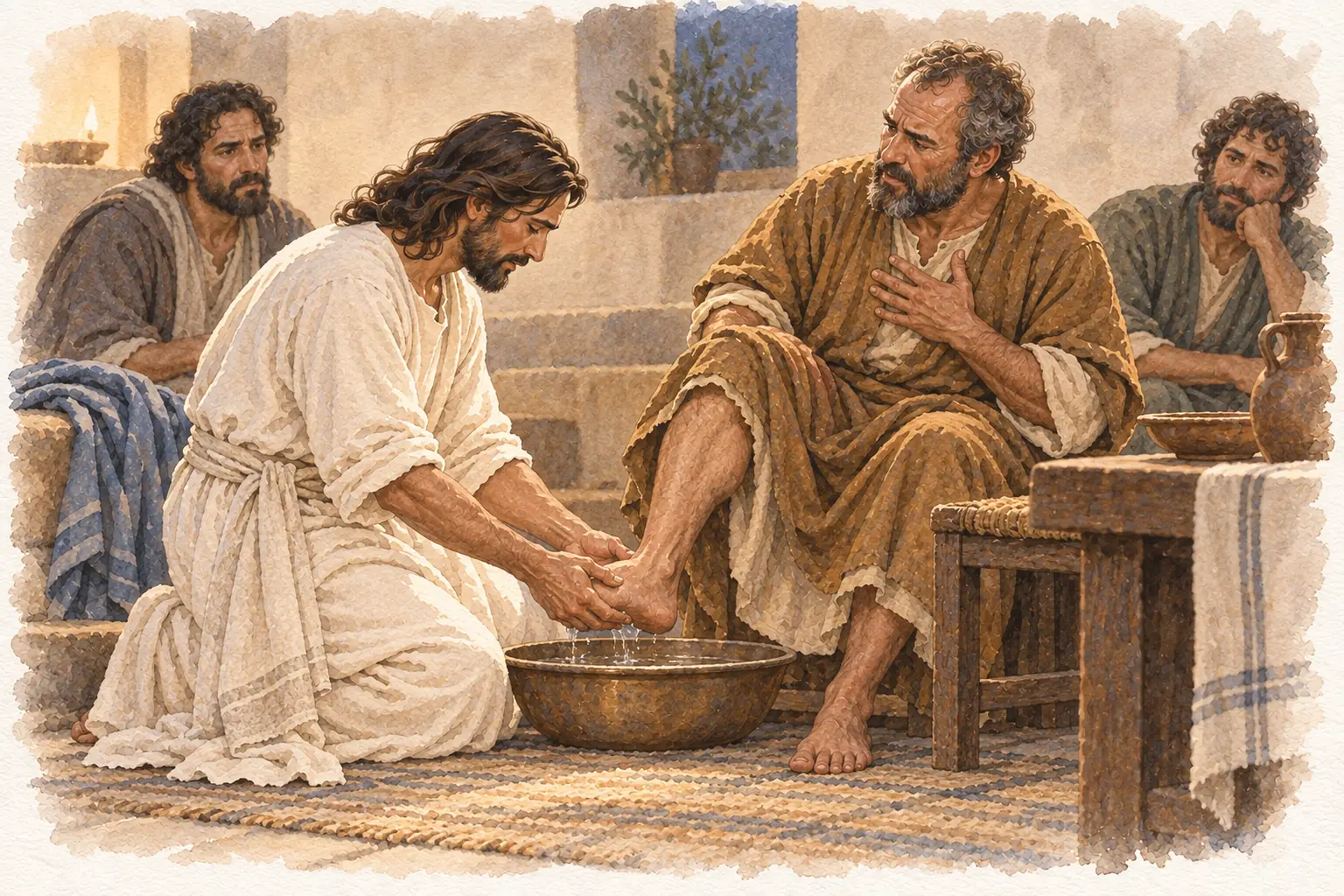 겉옷을 벗고 허리에 수건을 두른 예수가 대야 위에서 베드로의 한쪽 발을 씻는다.