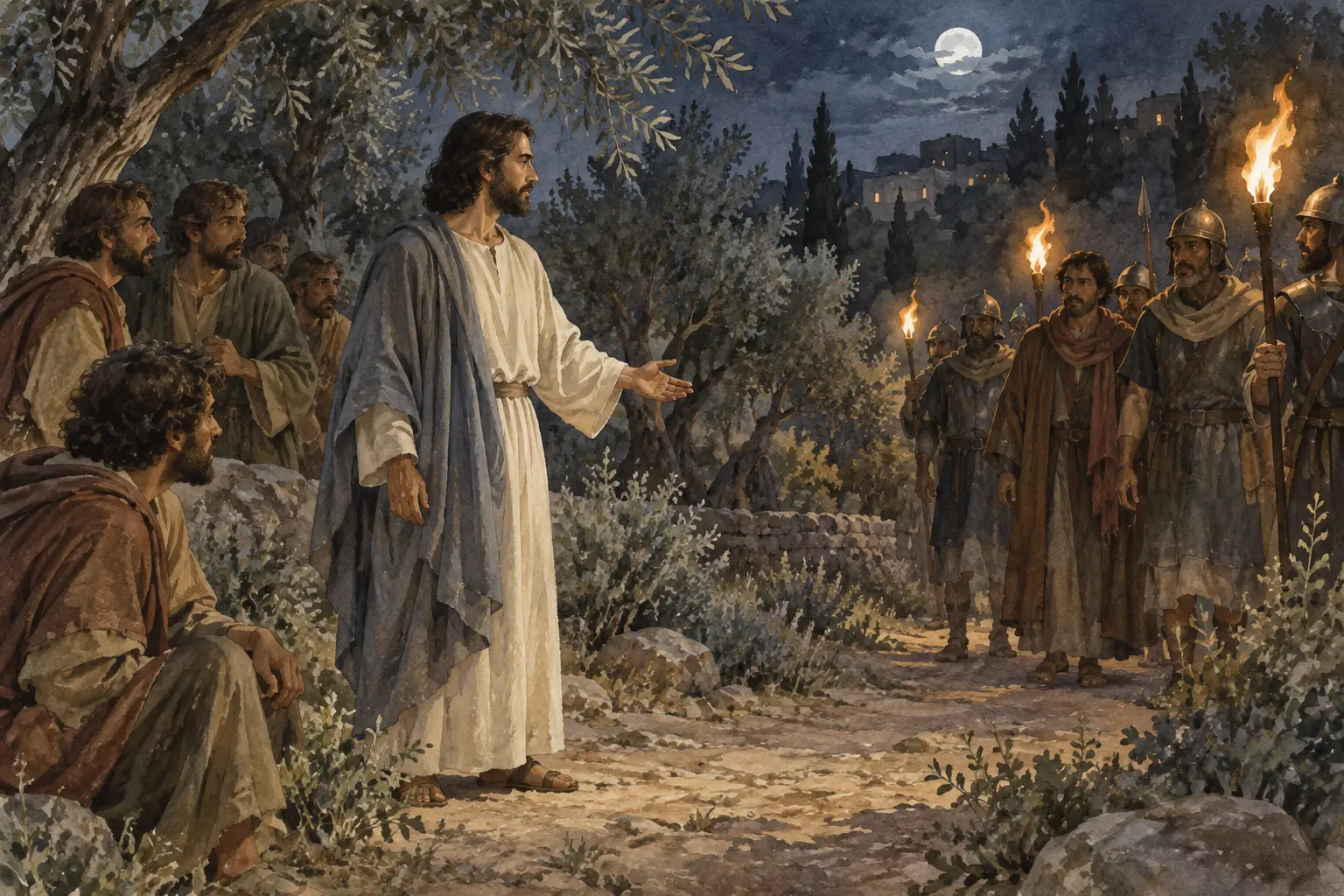 예수가 밤 동산에서 횃불을 든 사람들 앞에 나서고 제자들은 뒤에 있습니다.
