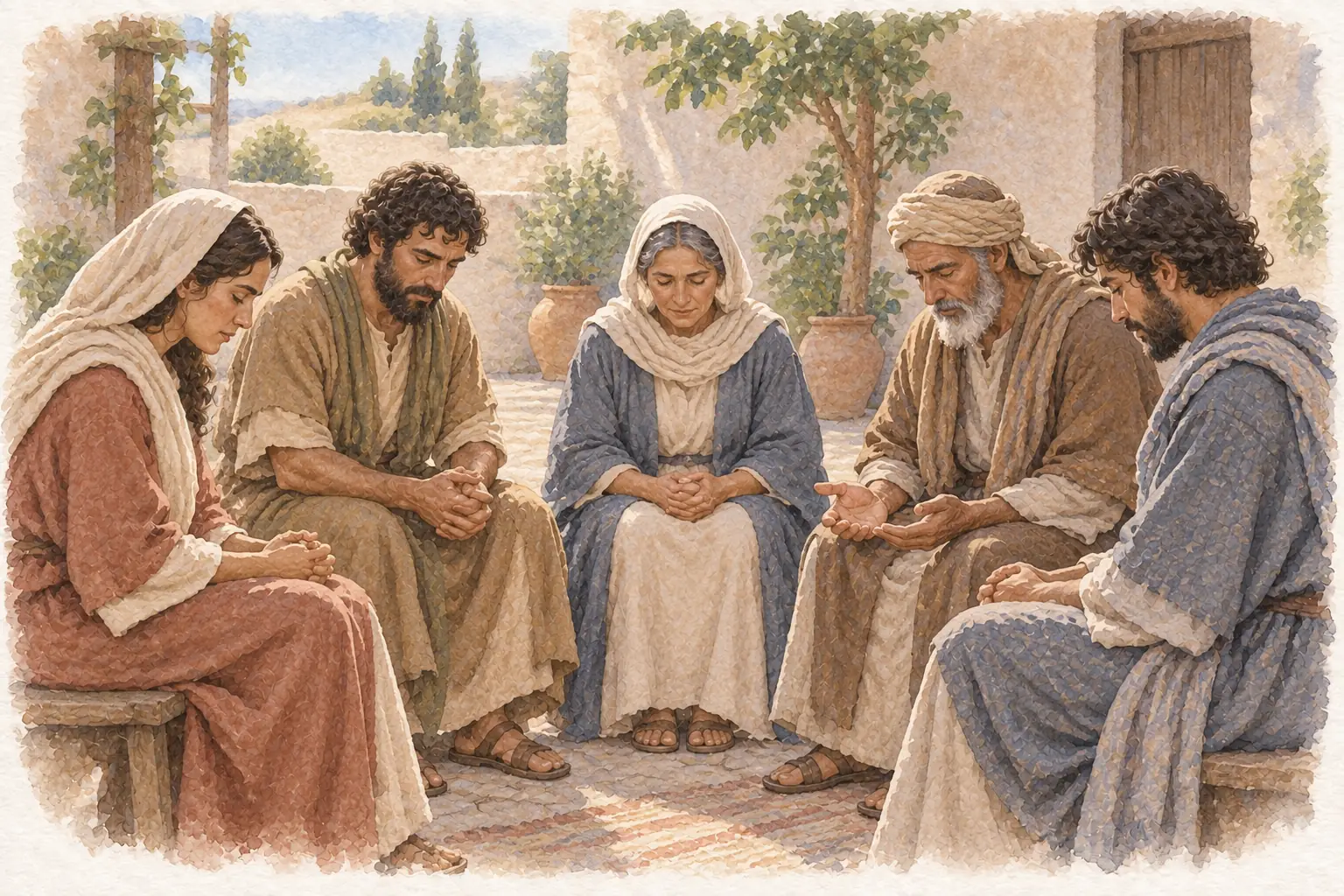서로 다른 나이의 믿는 사람 다섯 명이 둘러앉아 고개를 숙이고 함께 기도한다.