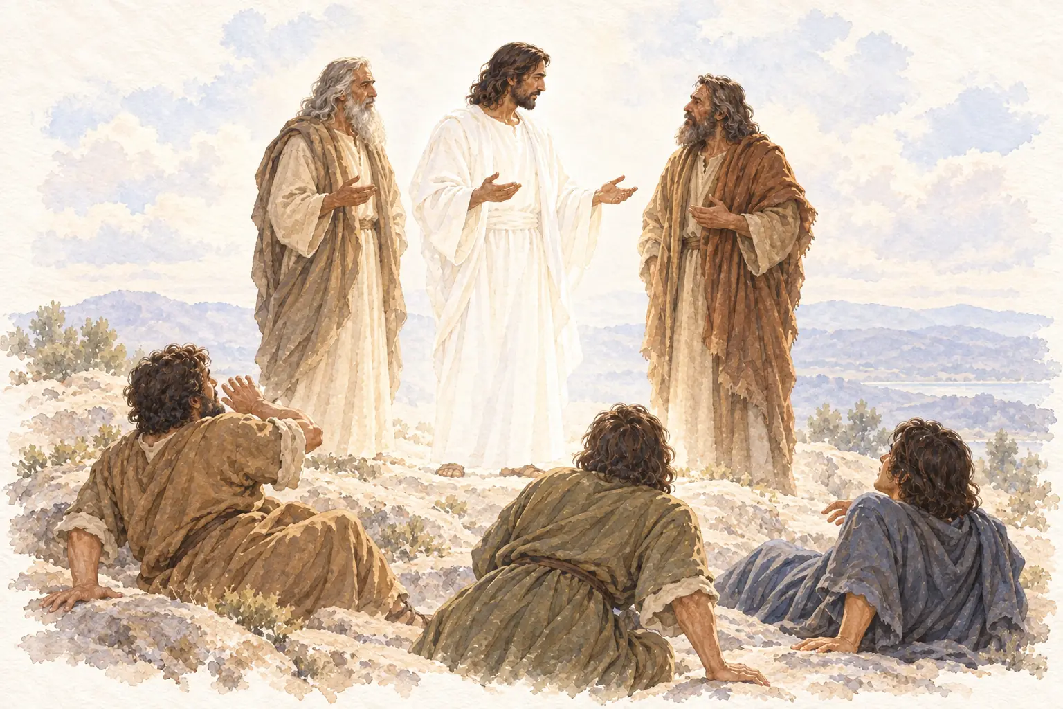 흰옷의 예수가 모세·엘리야와 이야기하고 세 제자가 바라봅니다.