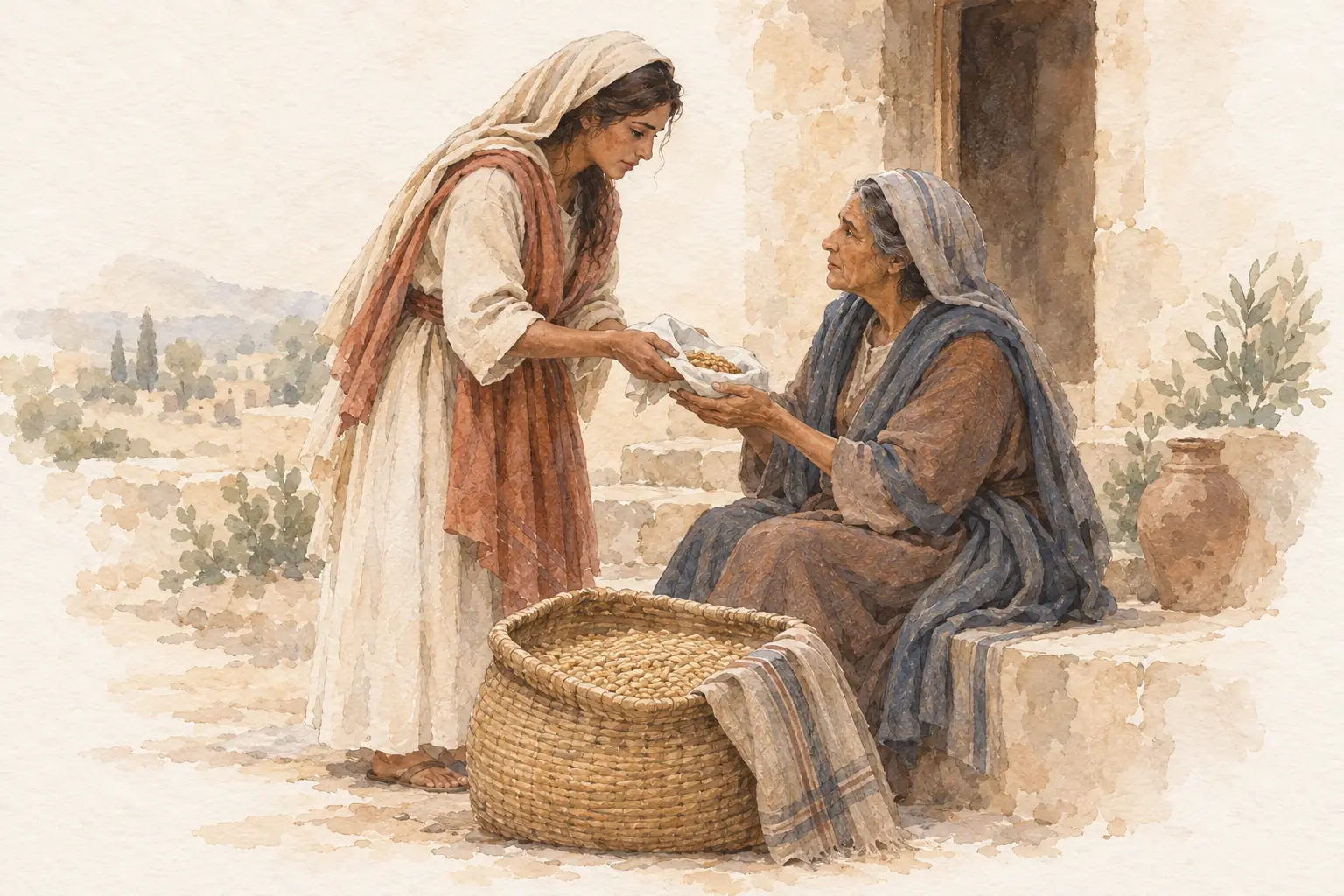 룻이 앉아 있는 나오미에게 작은 천에 담은 음식을 건넵니다. 두 사람 앞에는 이삭에서 털어 낸 보리 낟알이 담긴 큰 바구니가 있습니다.