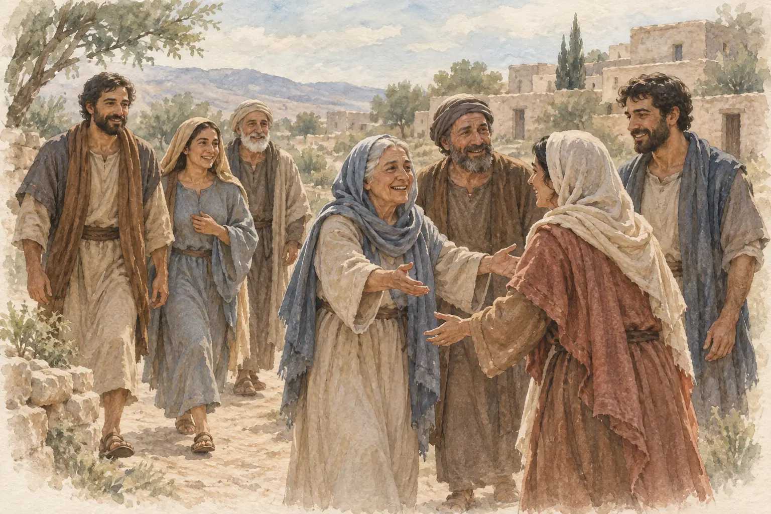 마을 길에 모인 사람들이 서로를 바라보며 반갑게 맞이한다.