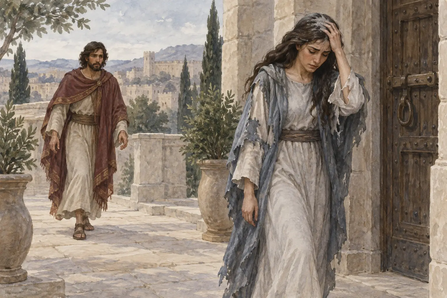옷이 찢긴 다말이 닫힌 문 앞에서 슬퍼하고 압살롬이 다가옵니다.