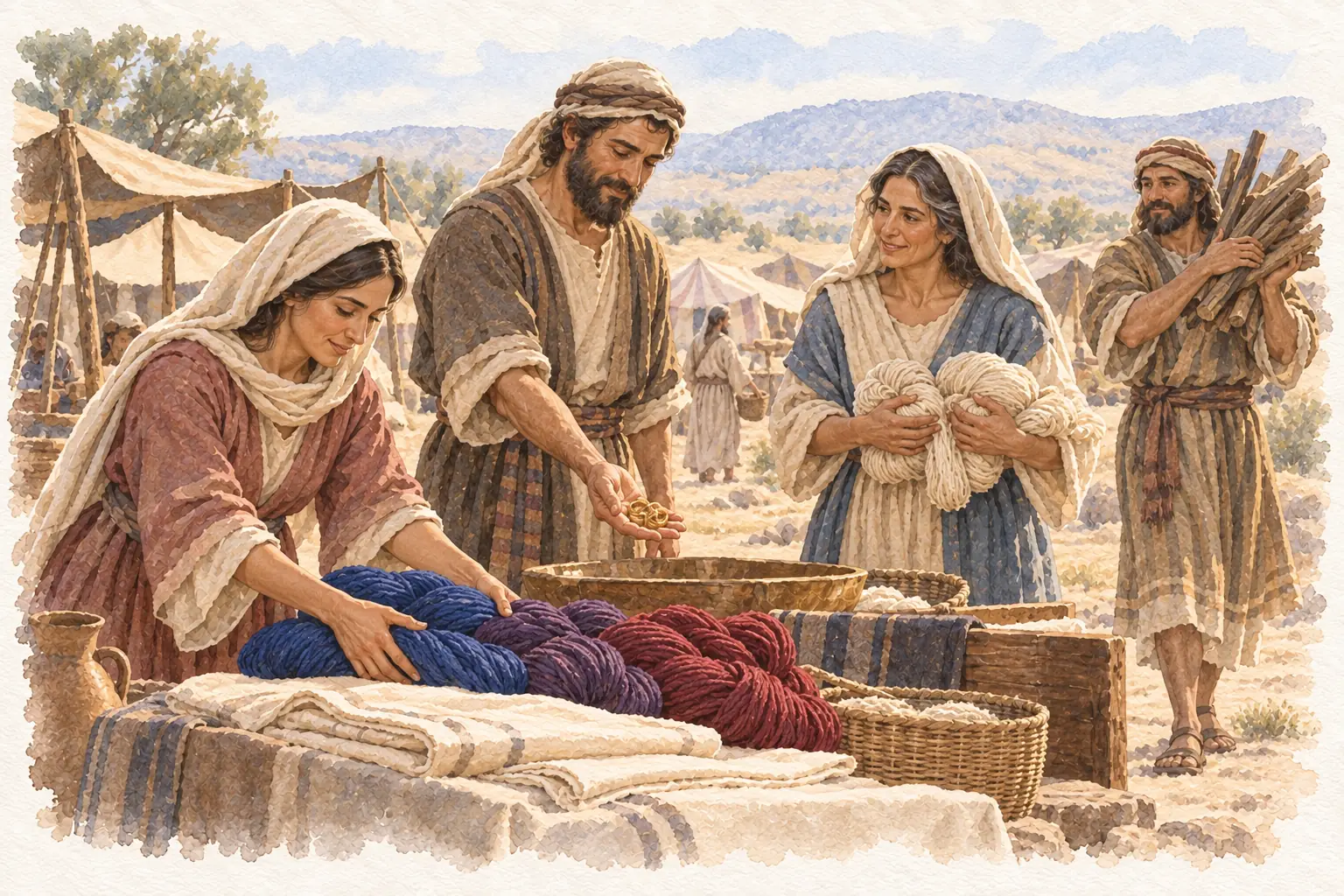 남녀가 색실과 아마포, 금고리와 나무를 성막을 위한 예물로 가져온다.