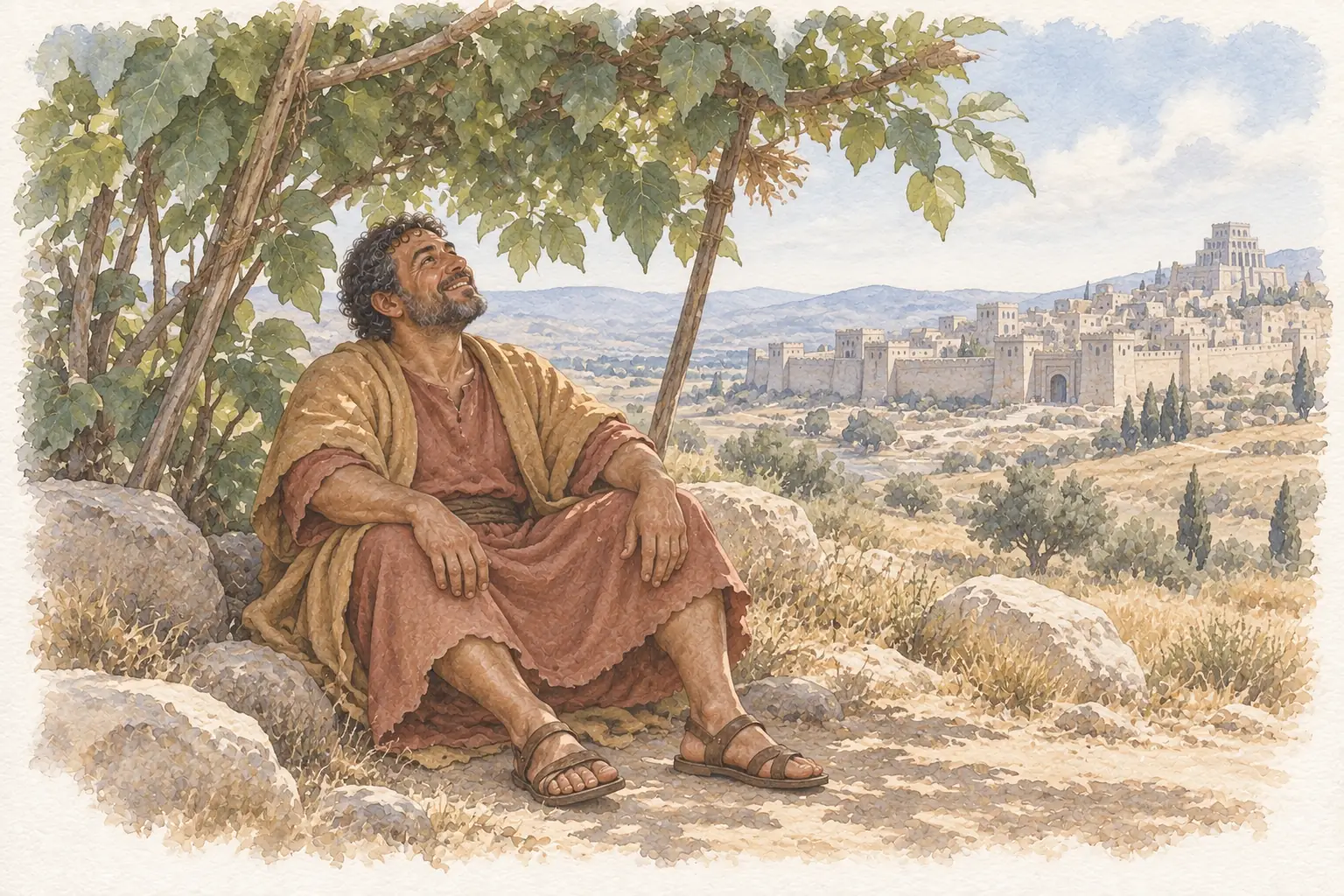 요나가 도시 밖의 그늘막과 넓은 잎 아래 앉아 웃으며 잎을 올려다보고, 멀리 니느웨가 보인다.