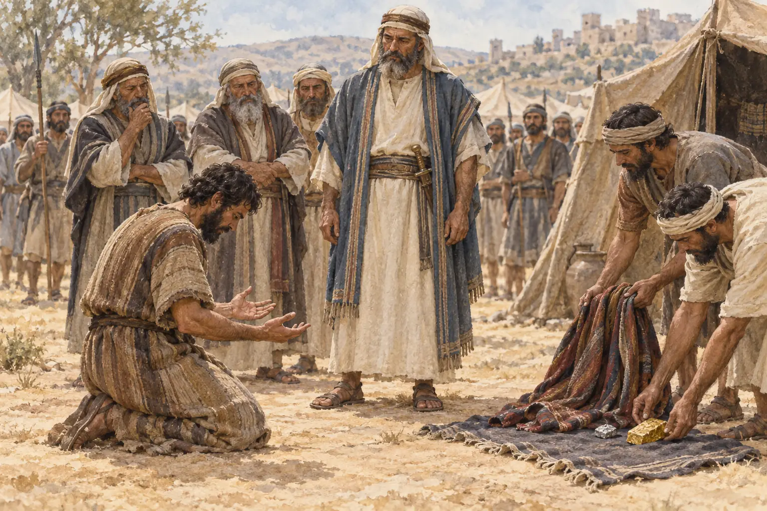 아간이 여호수아 앞에서 고백하고 사람들이 숨겨진 겉옷과 금은을 가져옵니다.